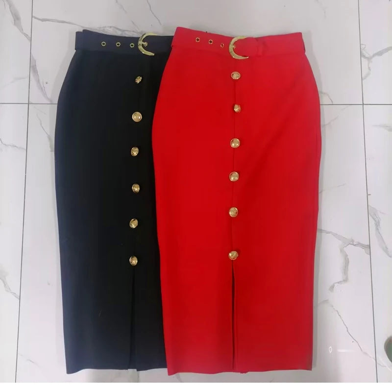 Button Split Bandage Midi Skirt