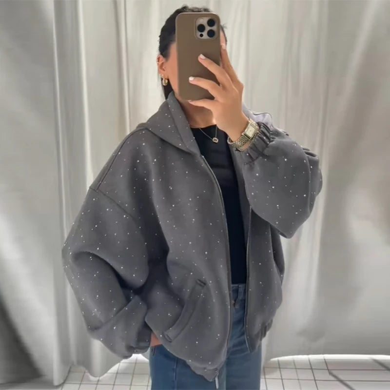 Rhinestone Zipper Hoodie