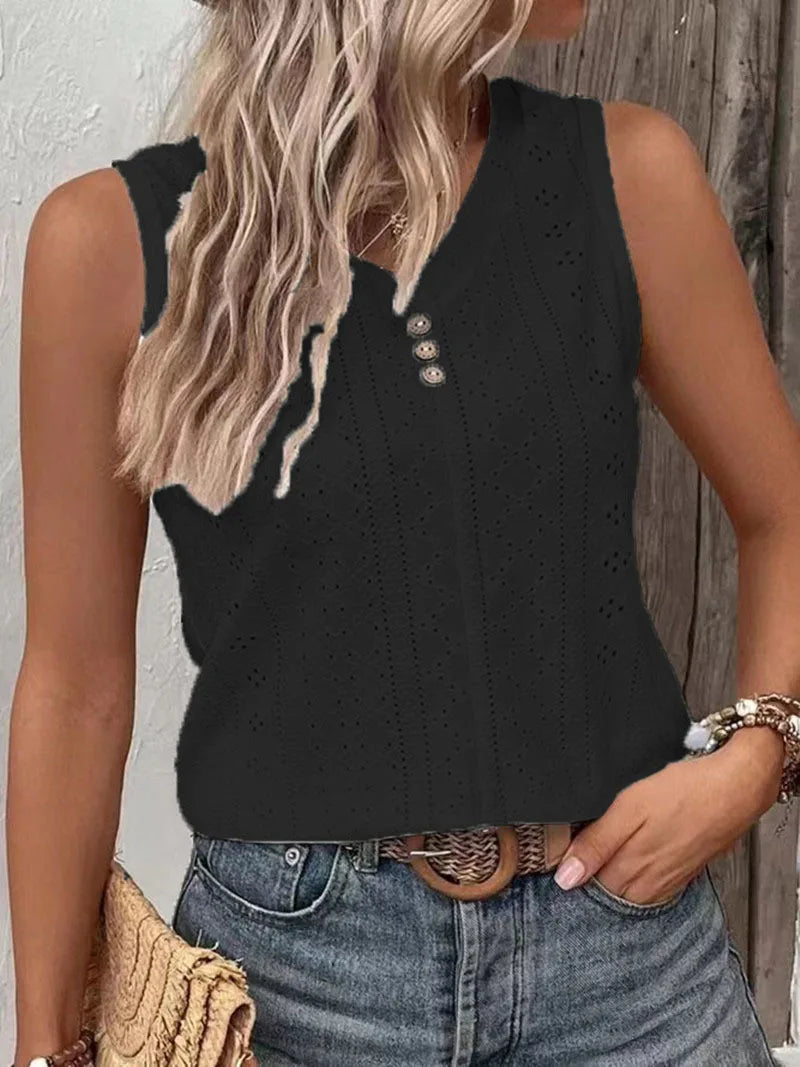Summer Hollow Out V Neck Sleeveless Blouses For Women Fashion 2024 Elegant Loose Tank Tops For Women Solid Pullover Tunic Casual