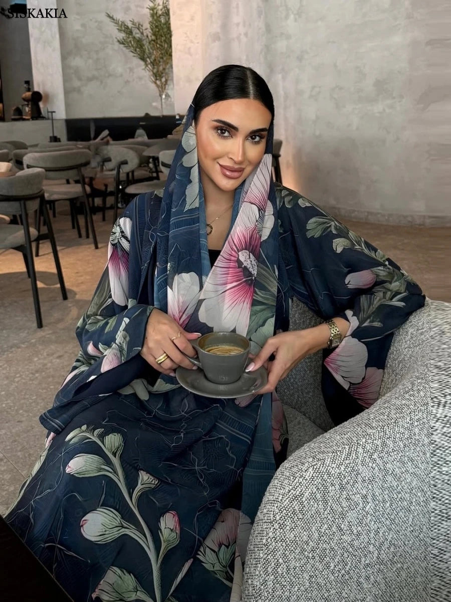 Siskakia Dubai Floral Print Open Abaya