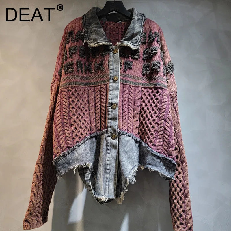 Solid Color Knitted Loose Denim Patchwork Sweater