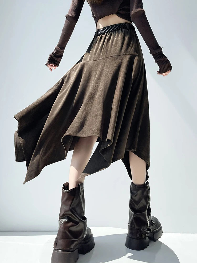 High Waist Vintage Belt Faux Suede Fabric Skirt
