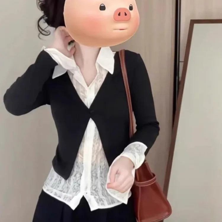 Fake Two Piece Patchwork Lapel Neck Shirt