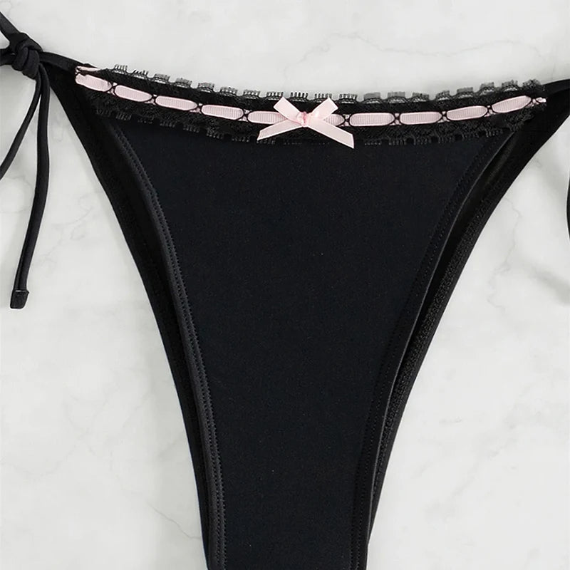 Patchwork Bowknot Triangle Lace Up Micro Bikini