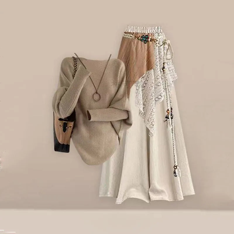 Lazy Style Knitted Shirt, Lace Draped Casual Skirt and Pants Set, Women's Autumn and Winter Atmosphere, Relaxed Wearing Style