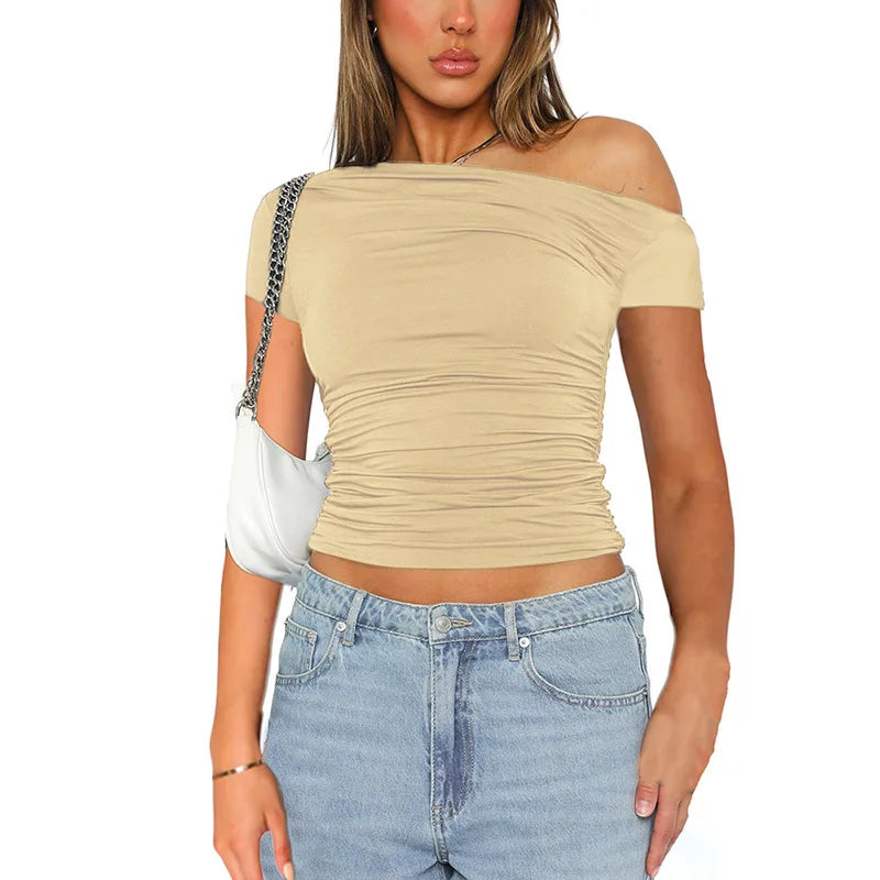Solid Color High Elasticity Fabric Slash Shoulder Short Sleeve Pleated Navel Reveal Top