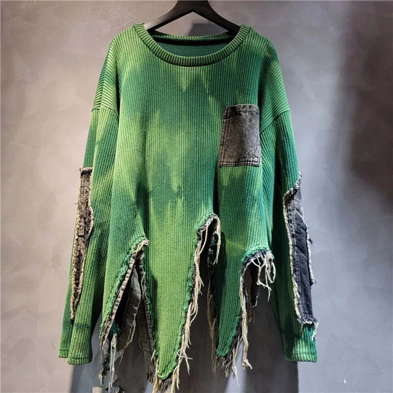 Irregular Patchwork Denim Tassel Colorful Tie-dye Knitted Pullover