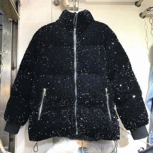 Winter Colorful Sequins Thickening Warm Down Coat Bomber Cotton-padded Beaded Puffer Jacket Zipper Parka Stand Collar Cardigan