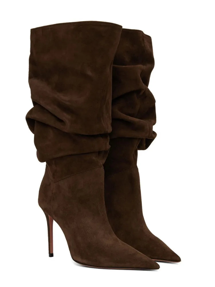 Pleated High-heeled Short Boots