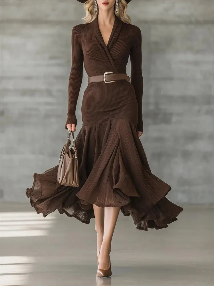 Autumn Brown Long-sleeved V Neck Dress For Women'S Fashion Fitted With Large Swing Elegant Female Belt Tied Dresses 2025