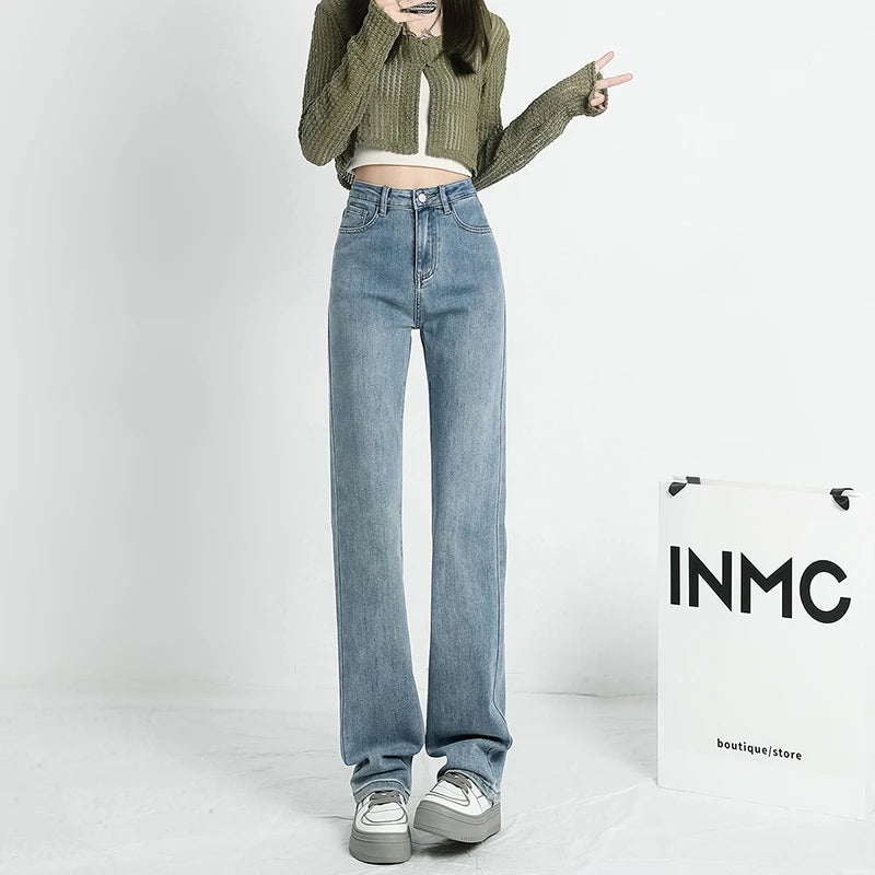 Autumn New Women's Stretch Jeans High Waist Slim Straight Vintage Washed Denim Pants Fashion Korean Street Y2K Female Clothing