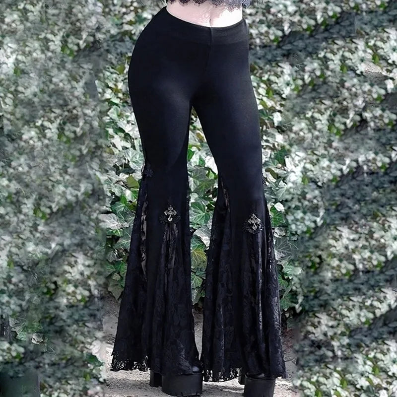 Autumn Punk Gothic Dark Y2k Style Women Pants Chic High-waisted Lace Cutout Design Court Retro Elegant Flare Pants Woman Clothes