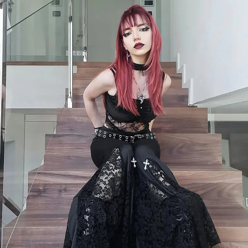 Autumn Punk Gothic Dark Y2k Style Women Pants Chic High-waisted Lace Cutout Design Court Retro Elegant Flare Pants Woman Clothes