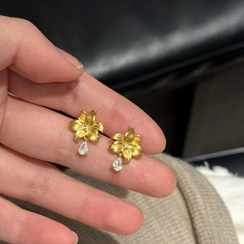 24K Gold Plated Waterdrop Crystal Tassel Flower Stud Earrings