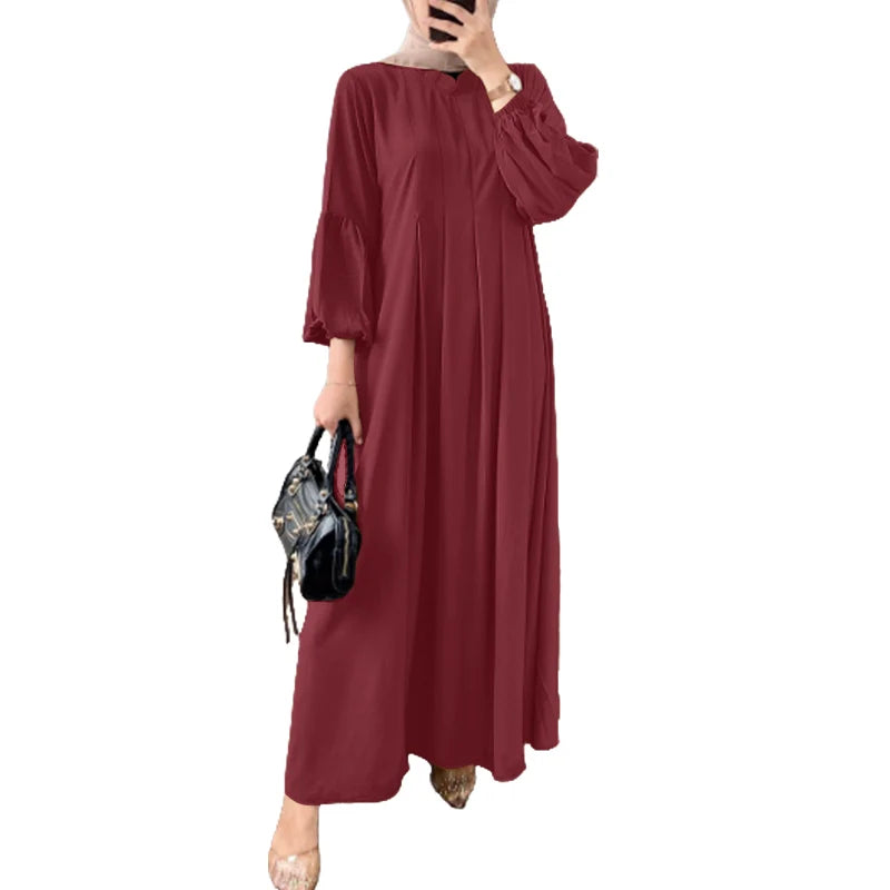 Elegant Long Sleeve Pleated Sundress Muslim Abaya
