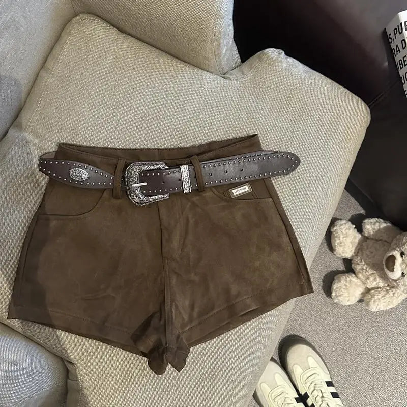 High Waist A Line Wide Leg Suede Shorts With Belt