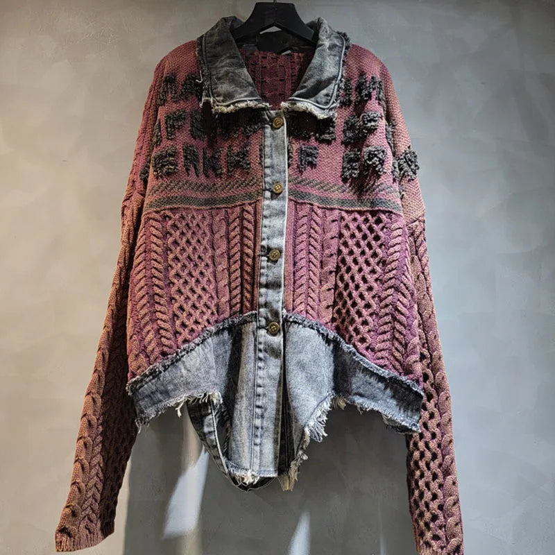 Solid Color Knitted Loose Denim Patchwork Sweater