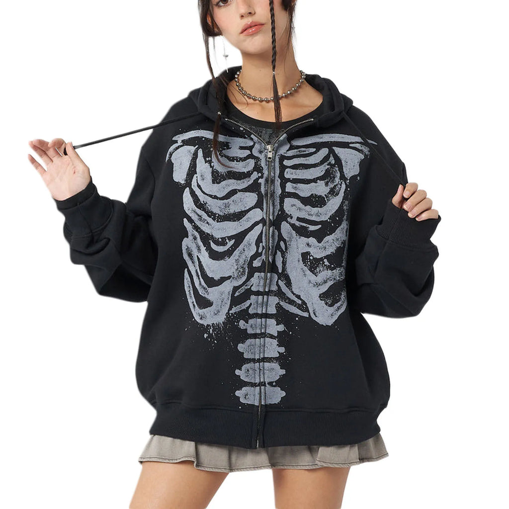 Casual Hooded Long Sleeve Skull Print Zipper Hoodie