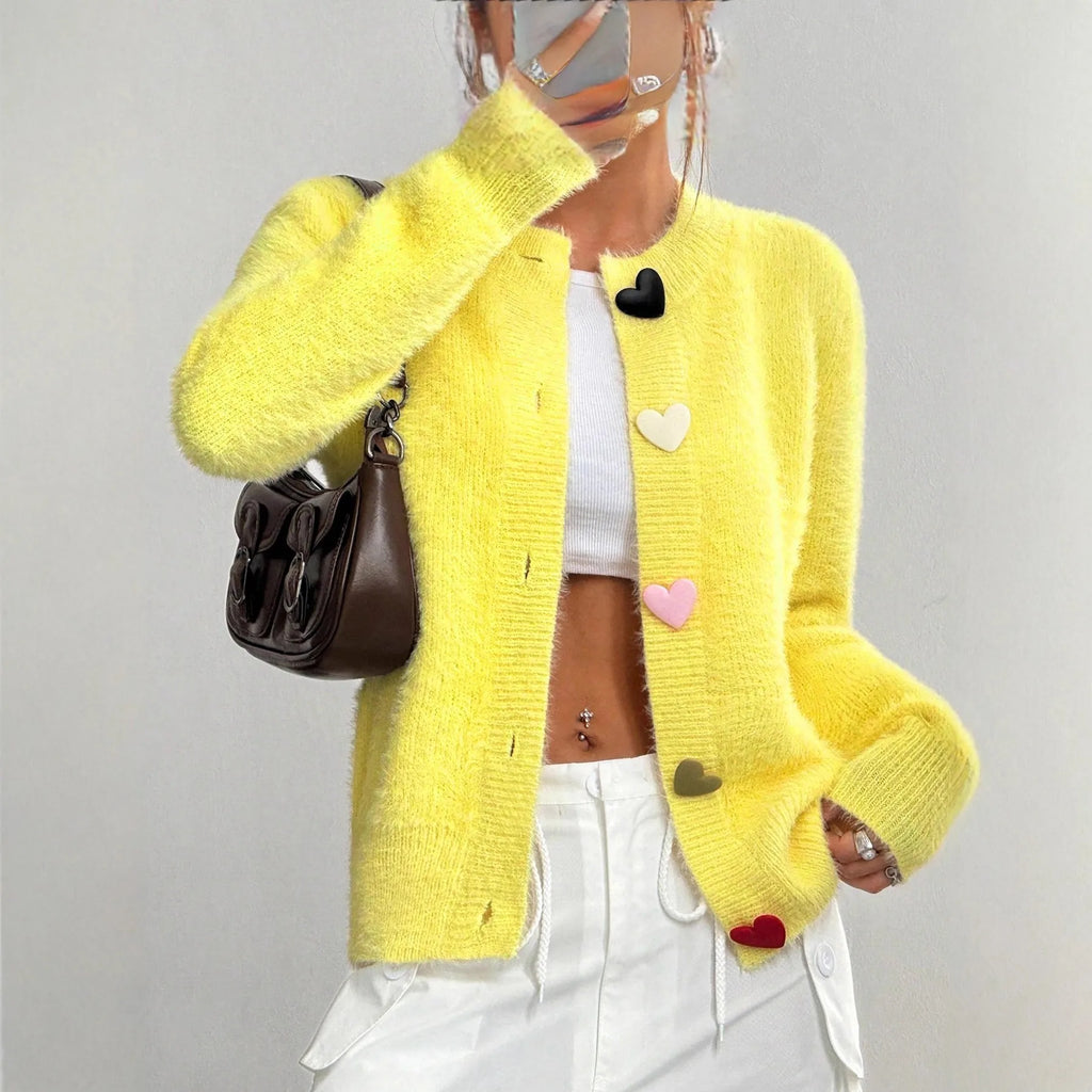 Fuzzy Yellow Cardigan Colorful Heart Buttons