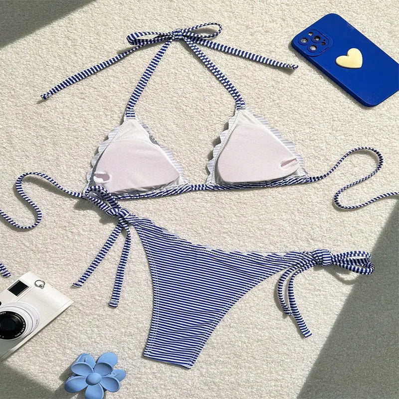 New Striped Sexy Tie-Side Bikini