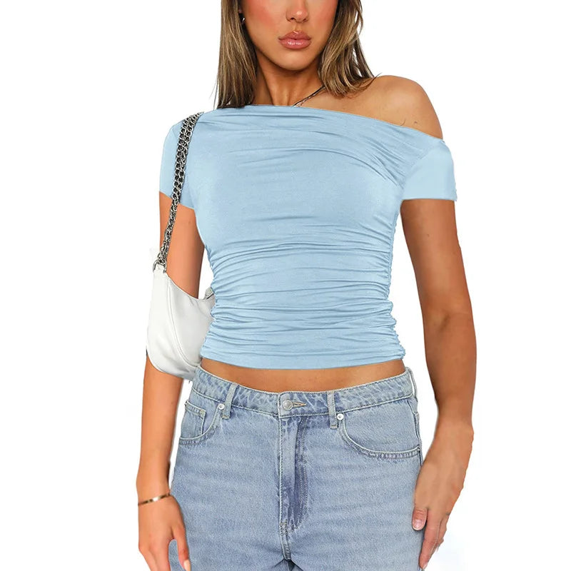 Solid Color High Elasticity Fabric Slash Shoulder Short Sleeve Pleated Navel Reveal Top