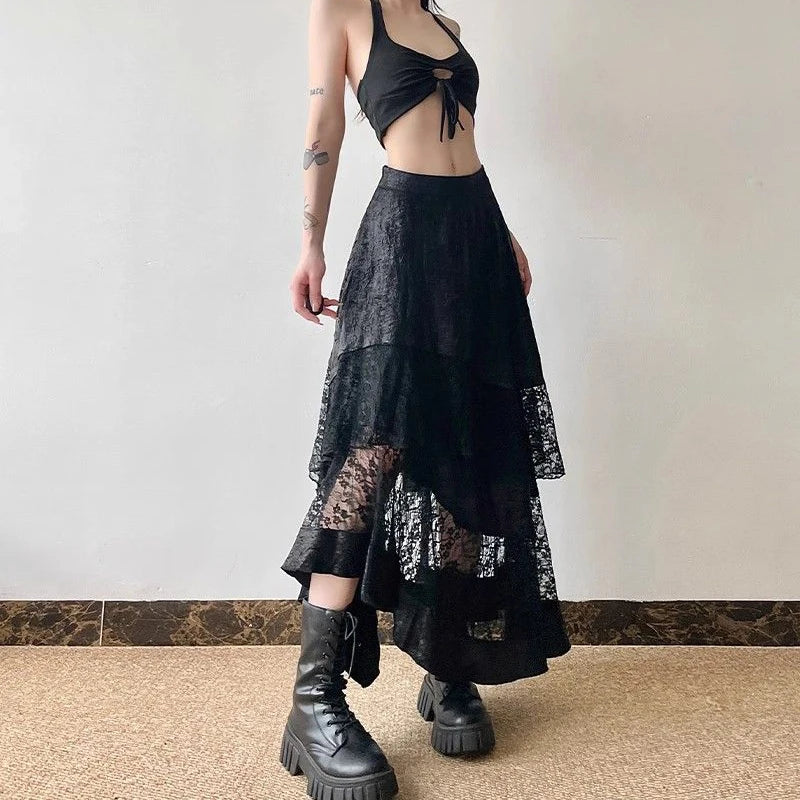 Victorian Edge Asymmetric Tiered High Waist Lace Sheer Skirt