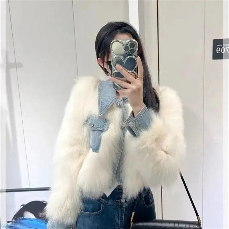 2025 Female Cowboy Patchwork Fur Outwear Winter Ladies Fashion Faux Fur Top Coat Retro Women High End Long Sleeves Plush Jacket