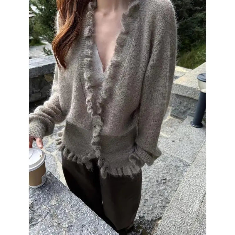 V-Neck Cinched Ruffle Edge Cardigan