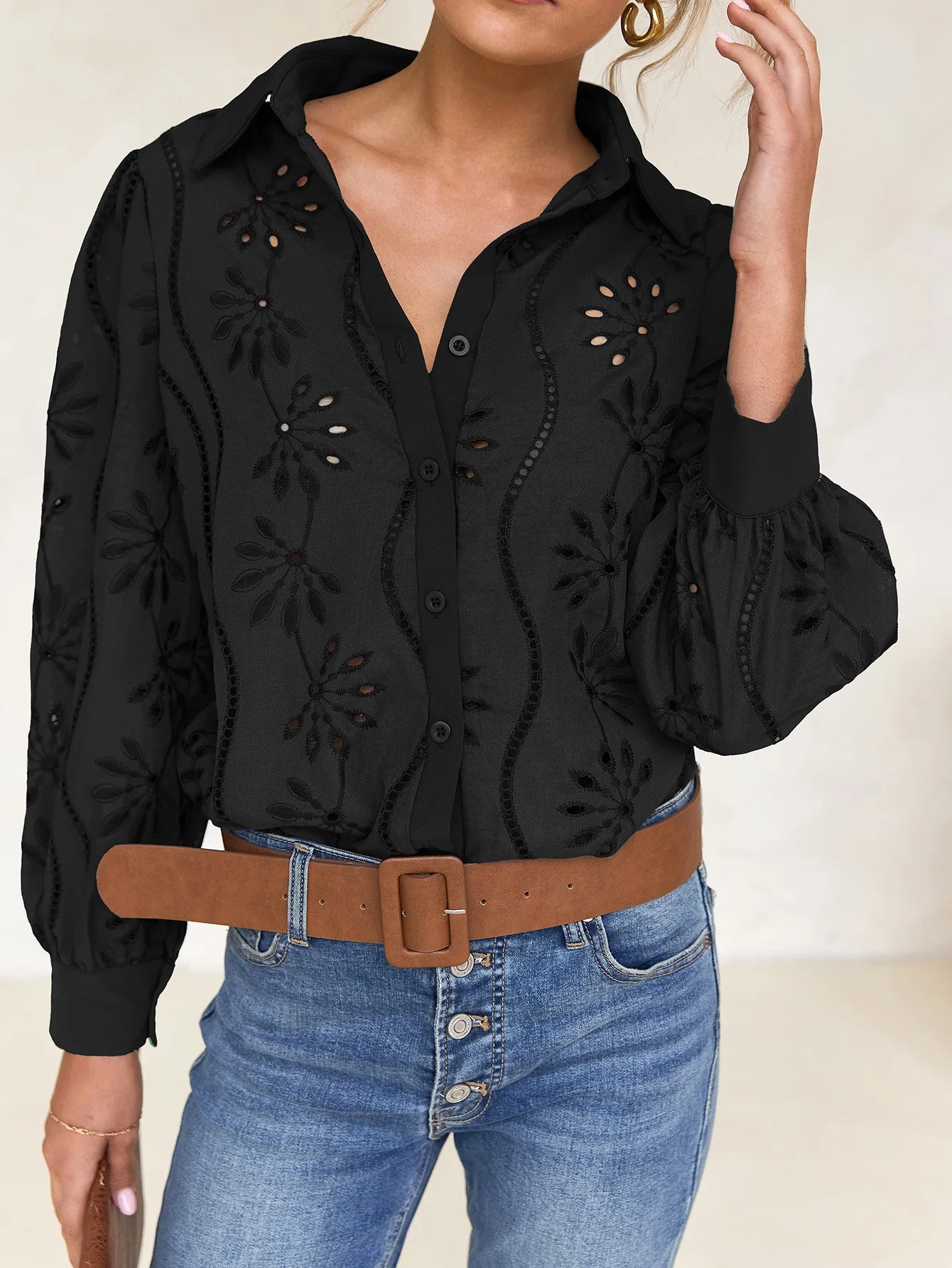 2025 Autumn New Solid Shirt Casual Loose Fashion Hollow Puff Sleeve Cardigan Tops For Women Office Black Hollow out Blouses