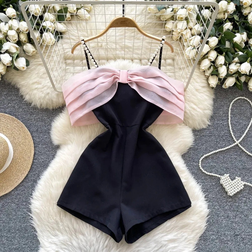 Basics pearls Sleeveless Vintage Spliced  Asymmetrical ruffle Top Slim High Waist short Pants Vacation High Street Summer Sets