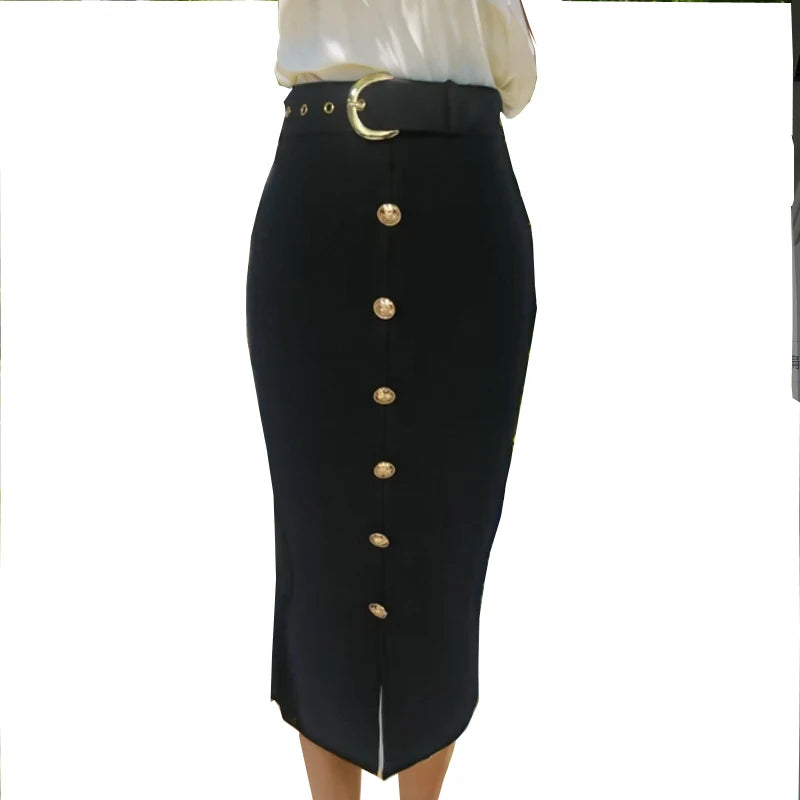 Button Split Bandage Midi Skirt