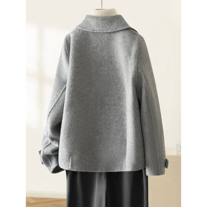 Autumn Winter Korean Women Woolen Coat Jacket Double Breasted Solid Turn Down Collar Lapel Female Woman Office Lady Tops Outwear