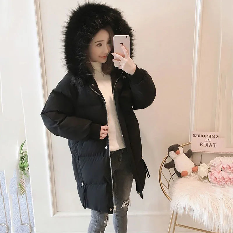 Autumn Winter New Down Cotton Jacket Women Korean Mid-Long Cotton-Padded Thick Warm Parkas Hooded Coat Female Casual Ladies Tops