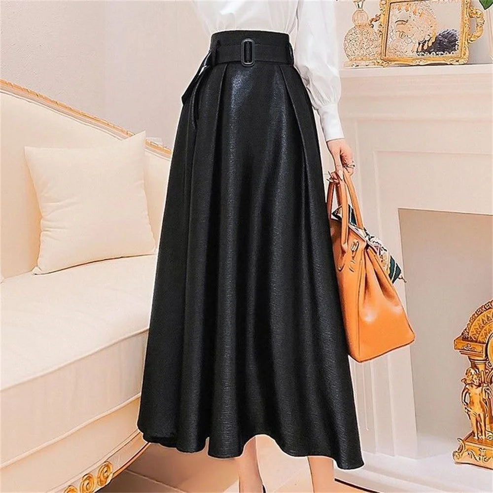 Big Swing High Waist Black Skirts Women Fashion Pleated Satin Midi Skirt Woman Button A-line Autumn Winter Long Party Skirt Lady