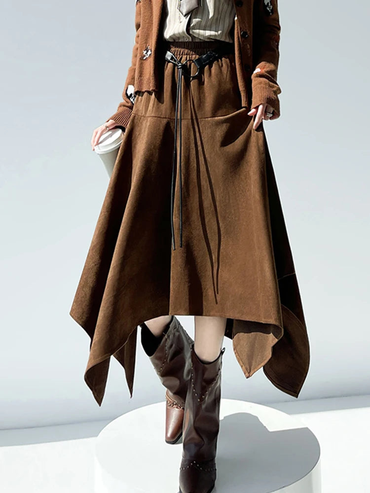 High Waist Vintage Belt Faux Suede Fabric Skirt