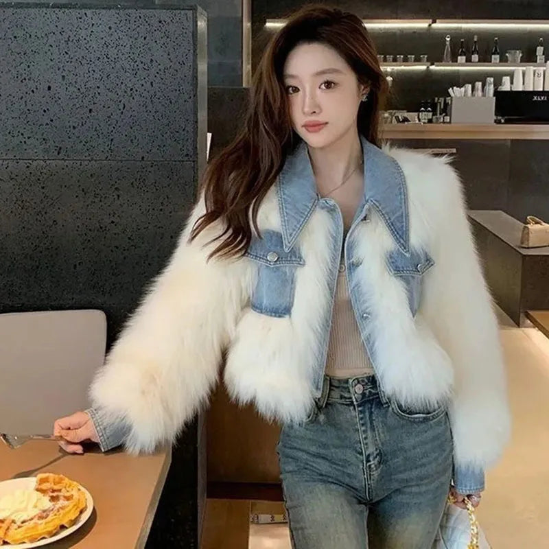 2025 Female Cowboy Patchwork Fur Outwear Winter Ladies Fashion Faux Fur Top Coat Retro Women High End Long Sleeves Plush Jacket