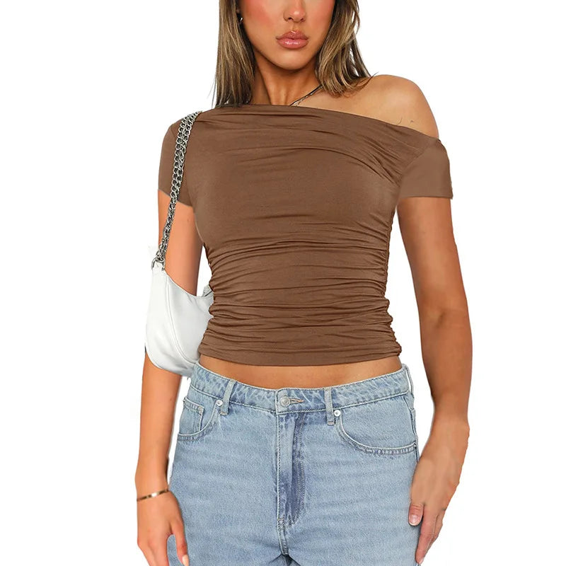 Solid Color High Elasticity Fabric Slash Shoulder Short Sleeve Pleated Navel Reveal Top