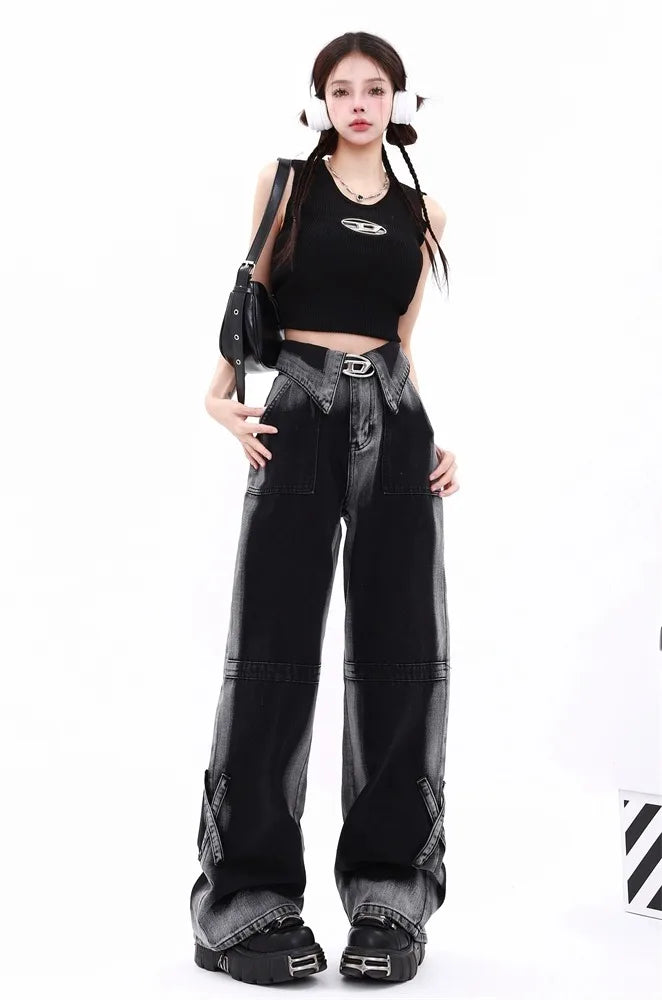 High Waist Gradient Color Block Denim Pants