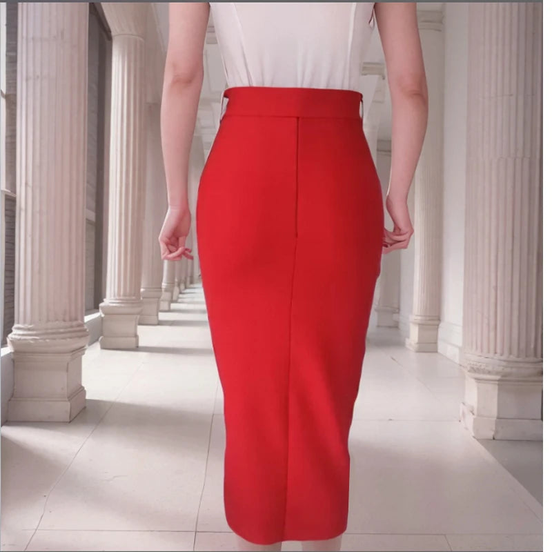 Button Split Bandage Midi Skirt