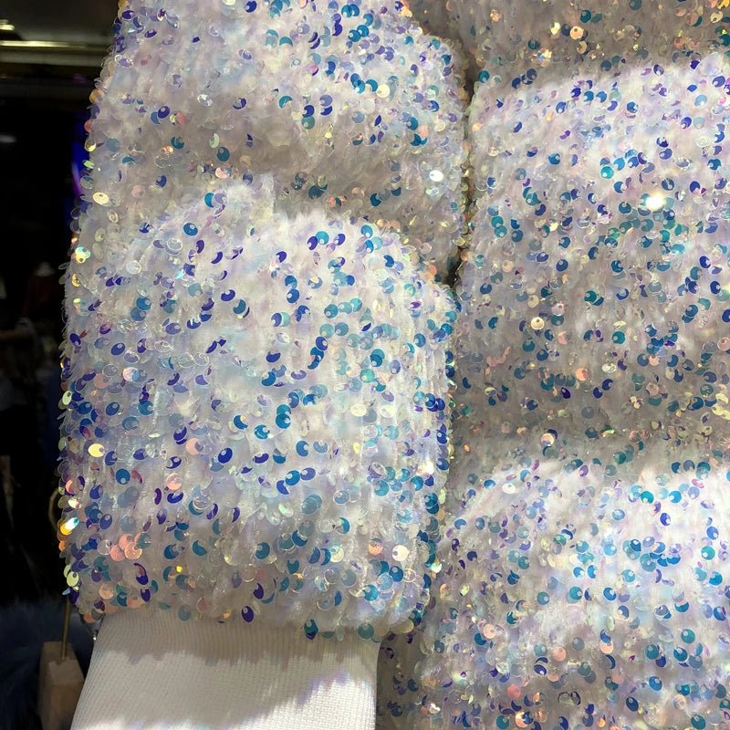 Winter Colorful Sequins Thickening Warm Down Coat Bomber Cotton-padded Beaded Puffer Jacket Zipper Parka Stand Collar Cardigan