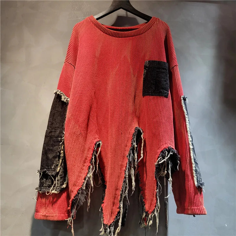 Irregular Patchwork Denim Tassel Colorful Tie-dye Knitted Pullover