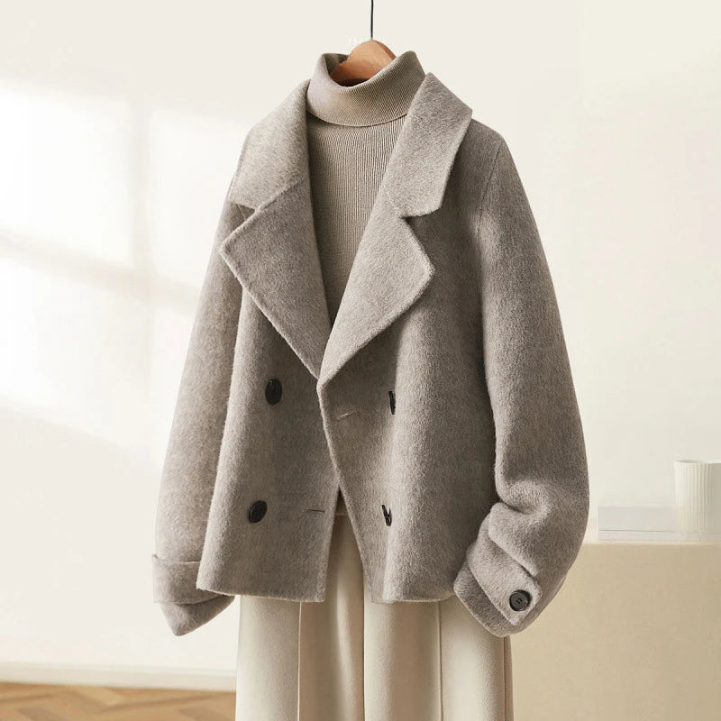 Autumn Winter Korean Women Woolen Coat Jacket Double Breasted Solid Turn Down Collar Lapel Female Woman Office Lady Tops Outwear