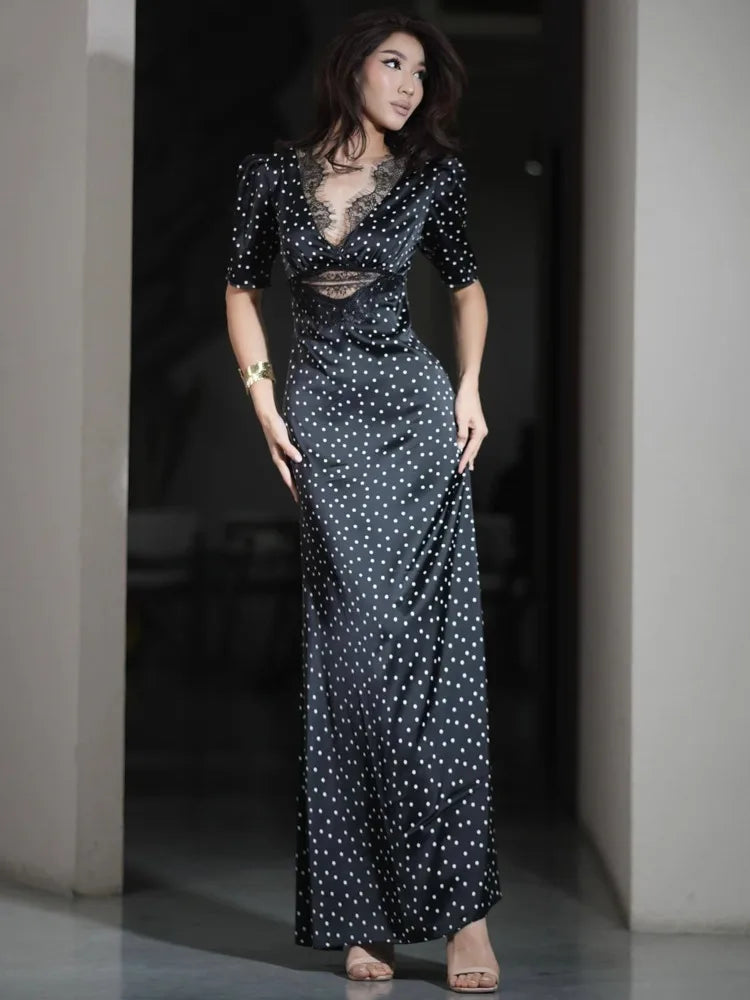 Articat Elegant Satin Lace Patchwork Hollow Out Dress