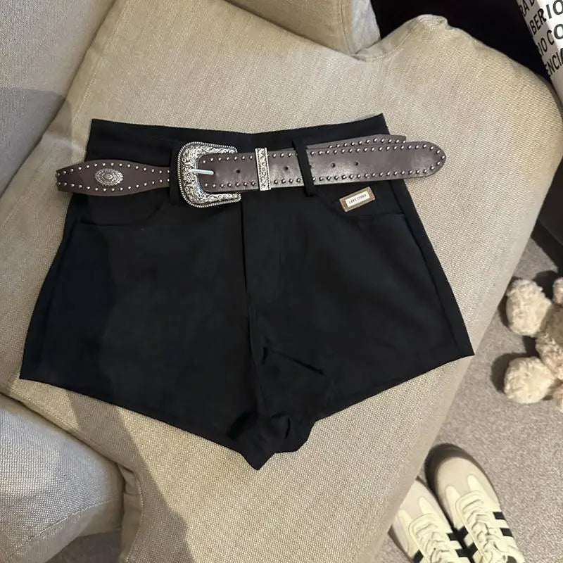 High Waist A Line Wide Leg Suede Shorts With Belt