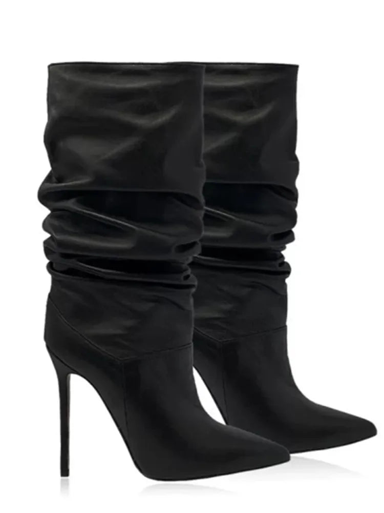 Pleated High-heeled Short Boots