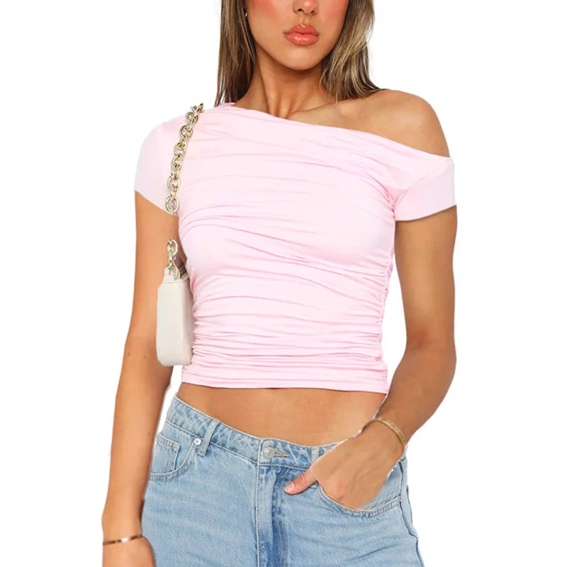 Solid Color High Elasticity Fabric Slash Shoulder Short Sleeve Pleated Navel Reveal Top